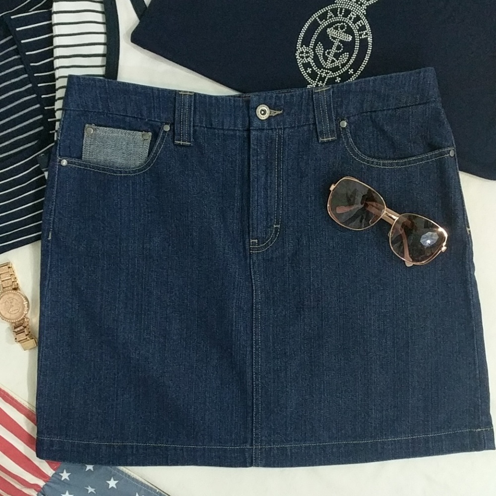 Vtg Tommy Hilfiger Patchwork Denim Blue Jean Skirt